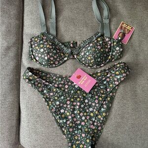 Strawberry Milk Mob Floral Bikini - Black and Pink